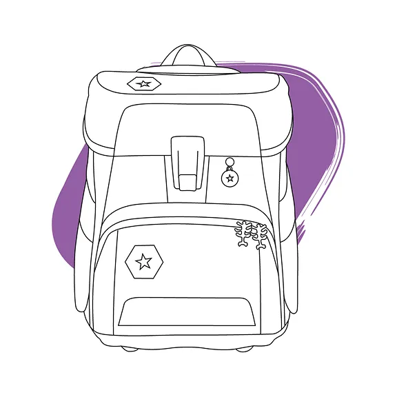 Strichzeichnung des Schulranzens SPACE vor lila Klecks mit dem Text Der große Schulranzen