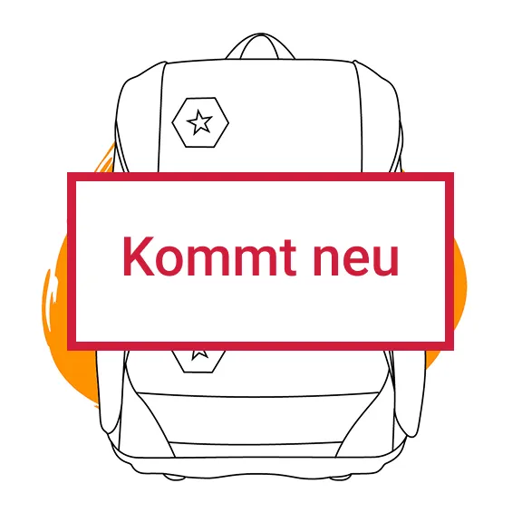 Strichzeichnung des Schulranzens FIT vor orangem Klecks mit dem Text Der schmale Schulranzen