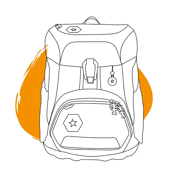 Strichzeichnung des Schulranzens FIT vor orangem Klecks mit dem Text Der schmale Schulranzen