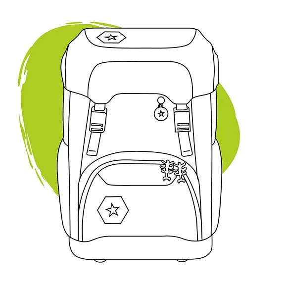 Strichzeichnung des Schulranzens GIANT vor grünem Klecks mit dem Text Der große Schulranzen