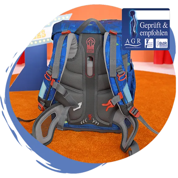 Sichtbare ergonomische Formung eines Schulranzen mit Gütesiegel “Aktion Gesundheit Rücken”